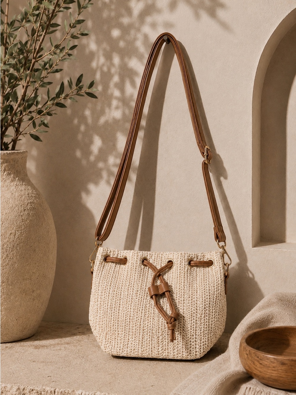 Woven Cream Crossbody Bag with Brown Trim